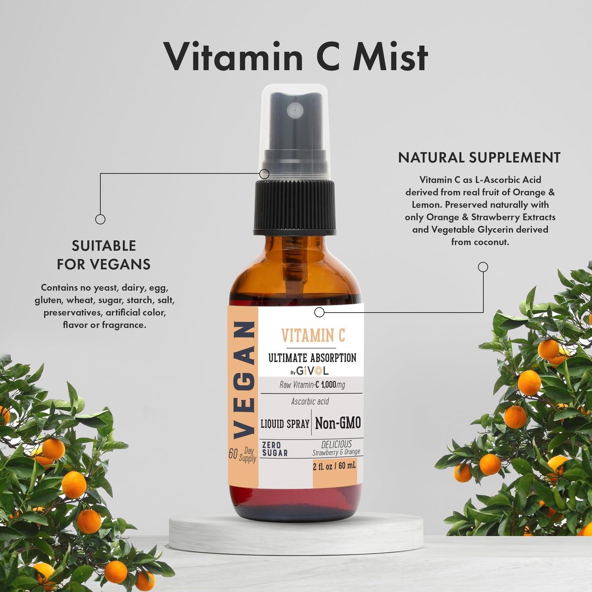 GIVOL Vitamin Spray: Tägliches Flüssigextrakt mit Zitrone, Orange, Erdbeere, 60 ml (60-Tage-Vorrat)