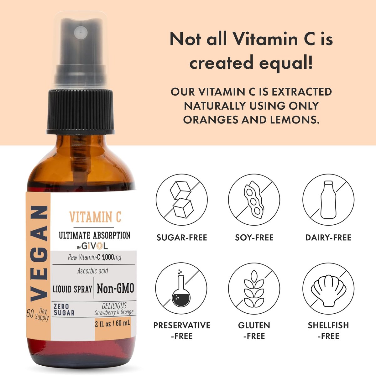 GIVOL Vitamin Spray: Tägliches Flüssigextrakt mit Zitrone, Orange, Erdbeere, 60 ml (60-Tage-Vorrat)