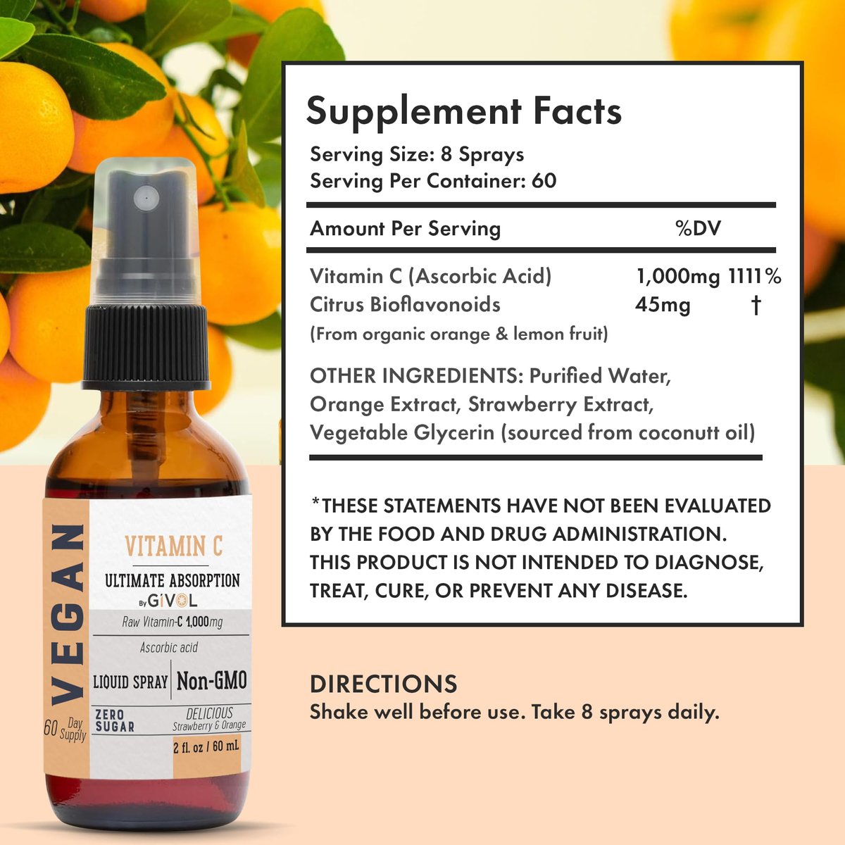 GIVOL Vitamin Spray: Tägliches Flüssigextrakt mit Zitrone, Orange, Erdbeere, 60 ml (60-Tage-Vorrat)