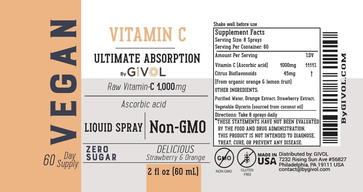 GIVOL Vitamin Spray: Tägliches Flüssigextrakt mit Zitrone, Orange, Erdbeere, 60 ml (60-Tage-Vorrat)