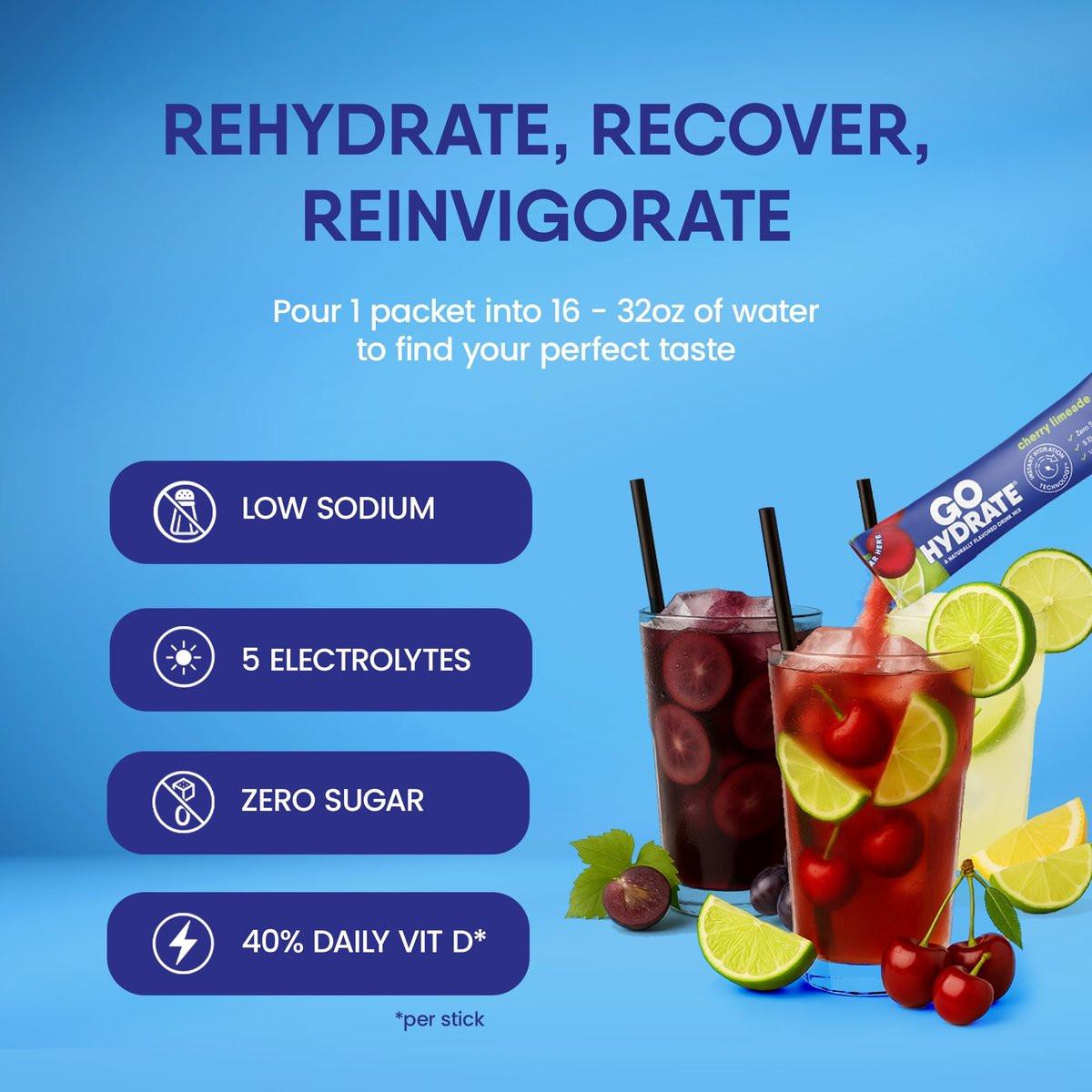 GoHydrate Instant Hydration Pulverbeutel - Elektrolyte Getränk mit wenig Natrium, natürliche Hydratation, zuckerfrei, mit Vitamin D, 10 Beutel, gemischter Geschmack
