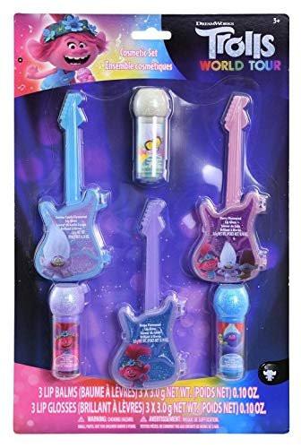 Trolls 2 Lipgloss & Lippenbalsam Set – 6-teiliges Beauty-Kit für Kinder mit Mikrofon-Lippenbalsam und Gitarren-Lipgloss