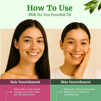 SVA Tea Tree Öl – 118 ml – 100% natürliches Teebaumöl – für Diffuser, Haarpflege, Gesicht, Hautpflege, Aromatherapie, Kopfhaut- und Körpermassage, Seifen- und Kerzenherstellung – mit Pipette