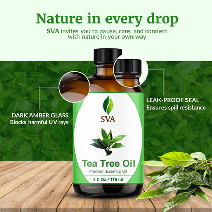SVA Tea Tree Öl – 118 ml – 100% natürliches Teebaumöl – für Diffuser, Haarpflege, Gesicht, Hautpflege, Aromatherapie, Kopfhaut- und Körpermassage, Seifen- und Kerzenherstellung – mit Pipette