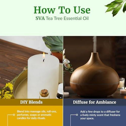 SVA Tea Tree Öl – 118 ml – 100% natürliches Teebaumöl – für Diffuser, Haarpflege, Gesicht, Hautpflege, Aromatherapie, Kopfhaut- und Körpermassage, Seifen- und Kerzenherstellung – mit Pipette