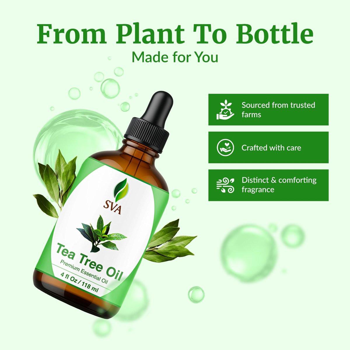 SVA Tea Tree Öl – 118 ml – 100% natürliches Teebaumöl – für Diffuser, Haarpflege, Gesicht, Hautpflege, Aromatherapie, Kopfhaut- und Körpermassage, Seifen- und Kerzenherstellung – mit Pipette