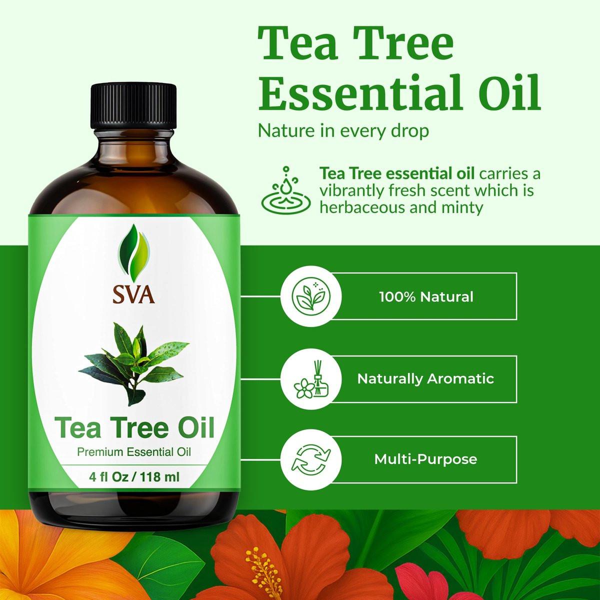 SVA Tea Tree Öl – 118 ml – 100% natürliches Teebaumöl – für Diffuser, Haarpflege, Gesicht, Hautpflege, Aromatherapie, Kopfhaut- und Körpermassage, Seifen- und Kerzenherstellung – mit Pipette