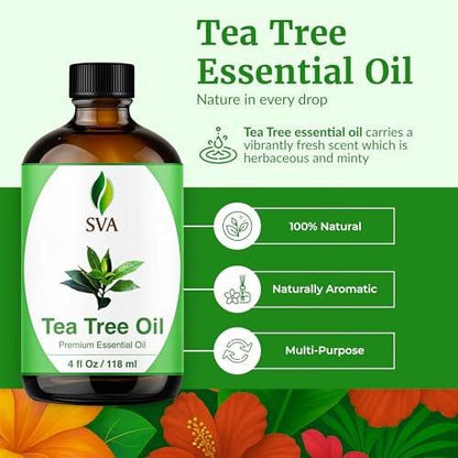 SVA Tea Tree Öl – 118 ml – 100% natürliches Teebaumöl – für Diffuser, Haarpflege, Gesicht, Hautpflege, Aromatherapie, Kopfhaut- und Körpermassage, Seifen- und Kerzenherstellung – mit Pipette