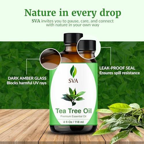 SVA Tea Tree Öl – 118 ml – 100% natürliches Teebaumöl – für Diffuser, Haarpflege, Gesicht, Hautpflege, Aromatherapie, Kopfhaut- und Körpermassage, Seifen- und Kerzenherstellung – mit Pipette