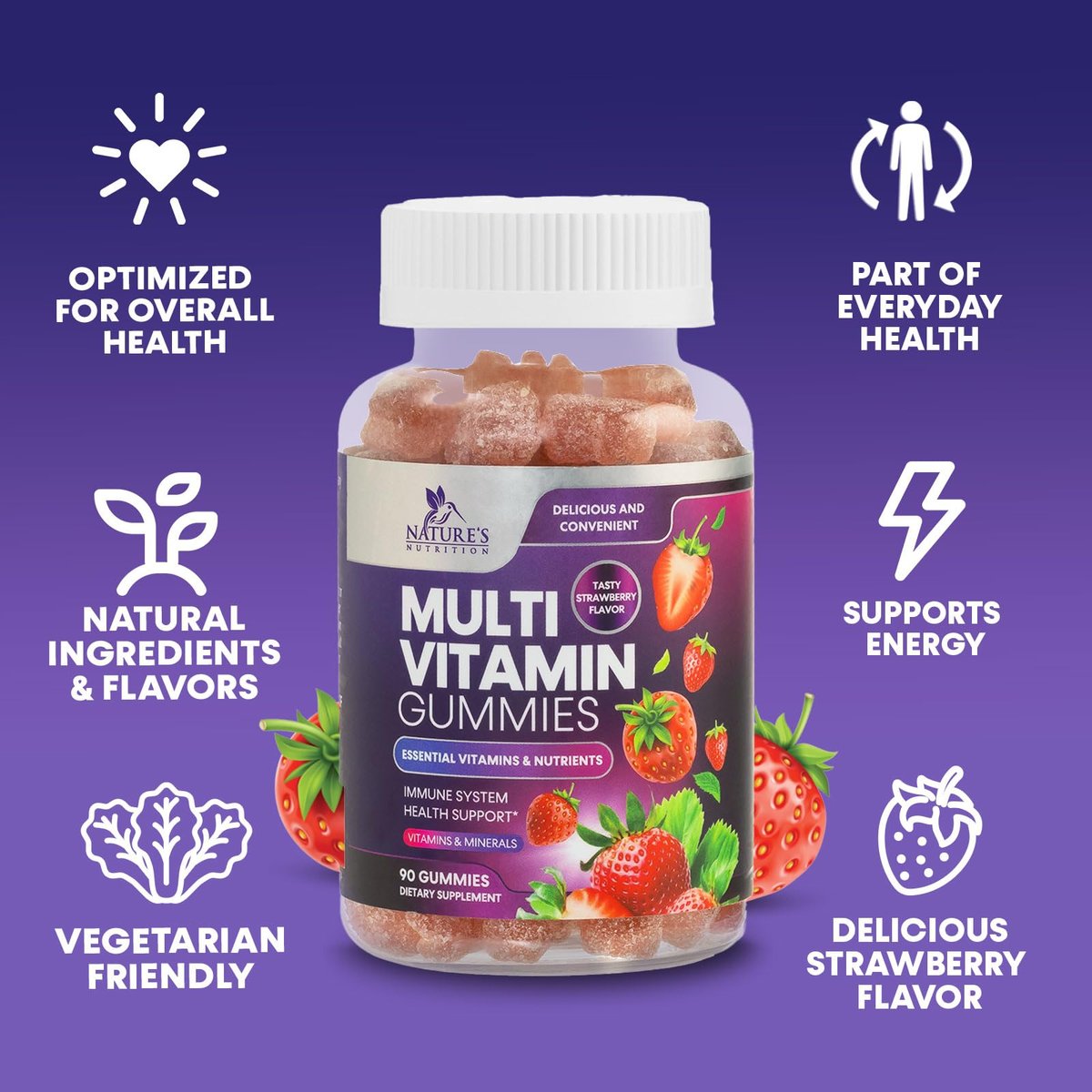 Nature's Nutrition Multivitamin Gummis für Erwachsene – Tägliche Multivitamine mit Vitamin A, C, D, B12 für Frauen und Männer – Immununterstützung – 90 Gummis