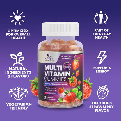 Nature's Nutrition Multivitamin Gummis für Erwachsene – Tägliche Multivitamine mit Vitamin A, C, D, B12 für Frauen und Männer – Immununterstützung – 90 Gummis