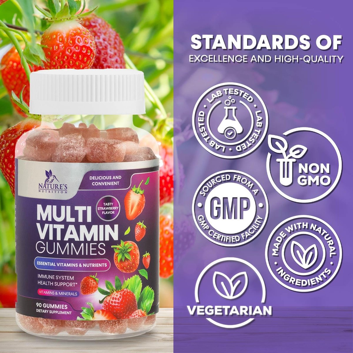 Nature's Nutrition Multivitamin Gummis für Erwachsene – Tägliche Multivitamine mit Vitamin A, C, D, B12 für Frauen und Männer – Immununterstützung – 90 Gummis