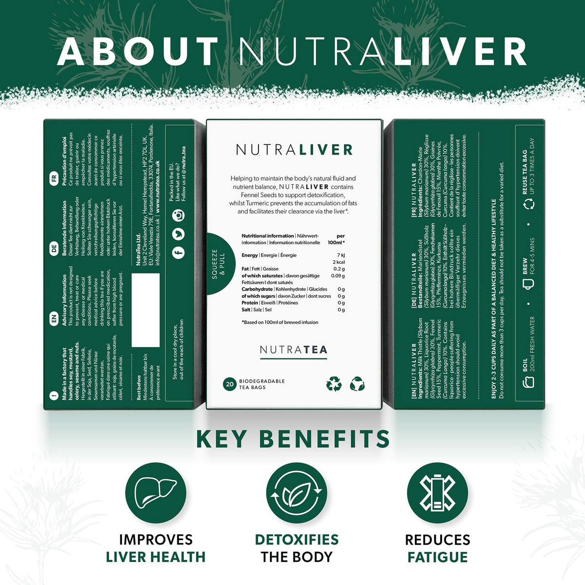 NUTRALIVER Detox Tee für Leberreinigung und Unterstützung - mit Mariendistel, Kurkuma & Fenchel - 20 Teebeutel - Kräutertee von Nutra Tea