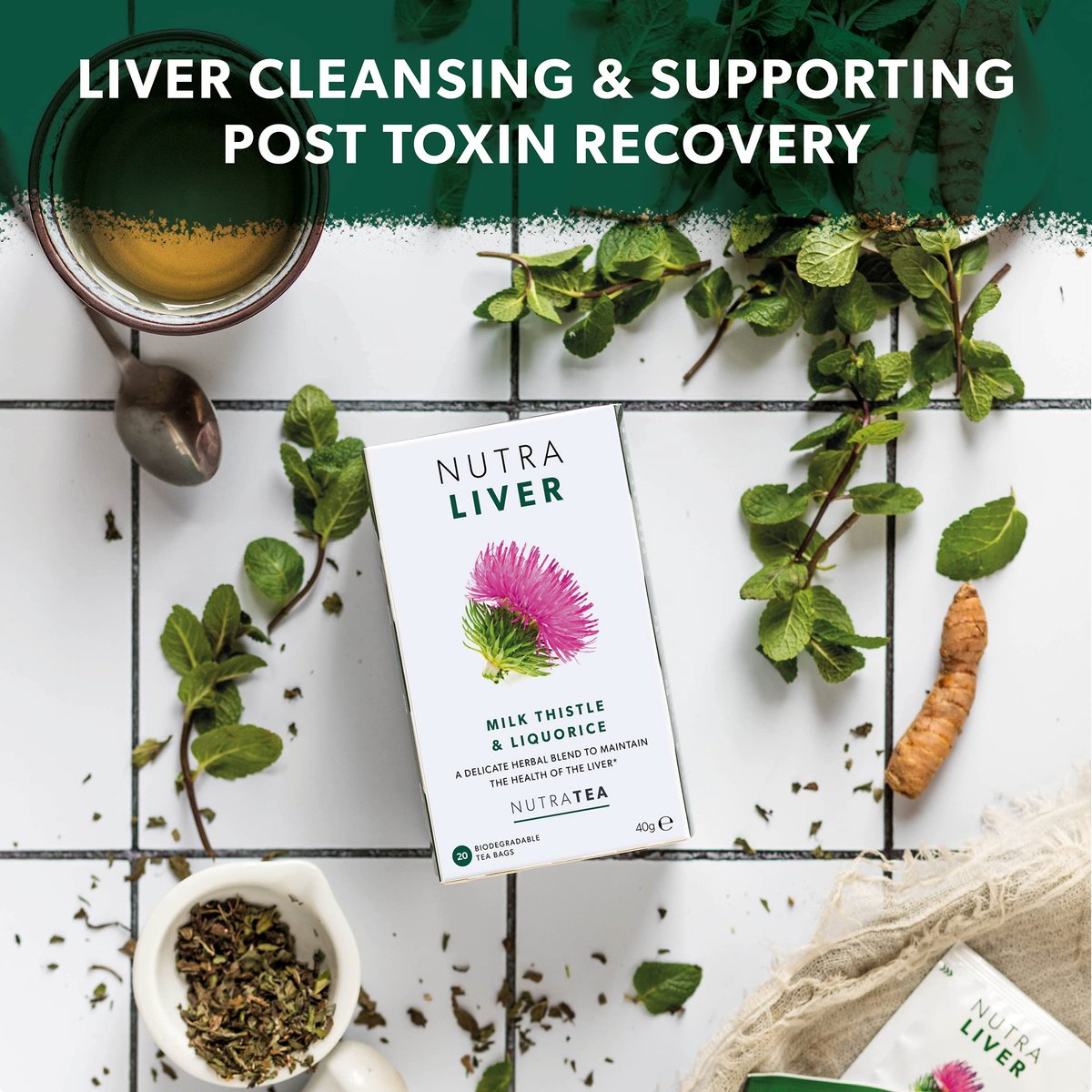 NUTRALIVER Detox Tee für Leberreinigung und Unterstützung - mit Mariendistel, Kurkuma & Fenchel - 20 Teebeutel - Kräutertee von Nutra Tea
