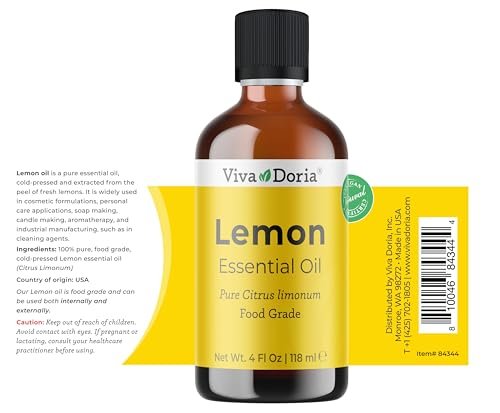 Viva Doria Zitronen-Ätherisches Öl, 100% rein, natürlich, unverdünnt, für Aromatherapie, Lebensmittelqualität, 118 ml (4 Fl Oz)