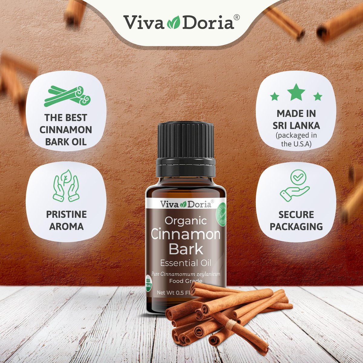 Viva Doria Bio Ceylon Zimtrindenöl – 100% reines, natürliches, unverdünntes, lebensmittelechtes ätherisches Öl, 15 ml