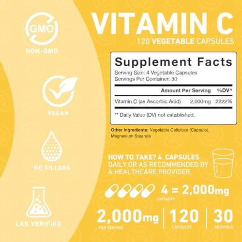 PUREFINITY Vitamin C 2000mg Kapseln – Doppelte Stärke, Hochdosiert, Antioxidans, 120 Kapseln (1 Monatsvorrat)
