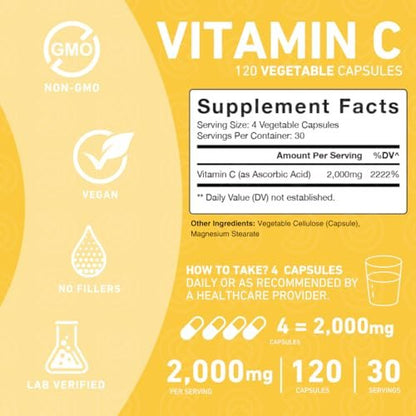 PUREFINITY Vitamin C 2000mg Kapseln – Doppelte Stärke, Hochdosiert, Antioxidans, 120 Kapseln (1 Monatsvorrat)