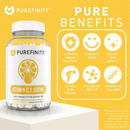 PUREFINITY Vitamin C 2000mg Kapseln – Doppelte Stärke, Hochdosiert, Antioxidans, 120 Kapseln (1 Monatsvorrat)