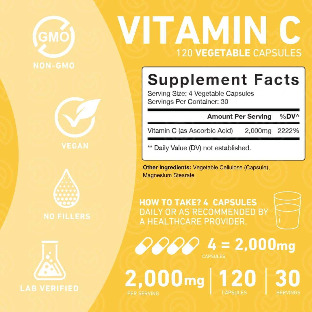 PUREFINITY Vitamin C 2000mg Kapseln – Doppelte Stärke, Hochdosiert, Antioxidans, 120 Kapseln (1 Monatsvorrat)