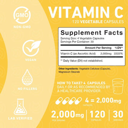 PUREFINITY Vitamin C 2000mg Kapseln – Doppelte Stärke, Hochdosiert, Antioxidans, 120 Kapseln (1 Monatsvorrat)