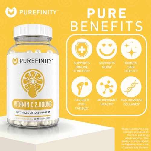 PUREFINITY Vitamin C 2000mg Kapseln – Doppelte Stärke, Hochdosiert, Antioxidans, 120 Kapseln (1 Monatsvorrat)