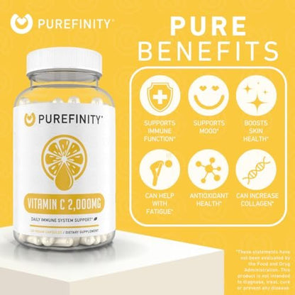 PUREFINITY Vitamin C 2000mg Kapseln – Doppelte Stärke, Hochdosiert, Antioxidans, 120 Kapseln (1 Monatsvorrat)