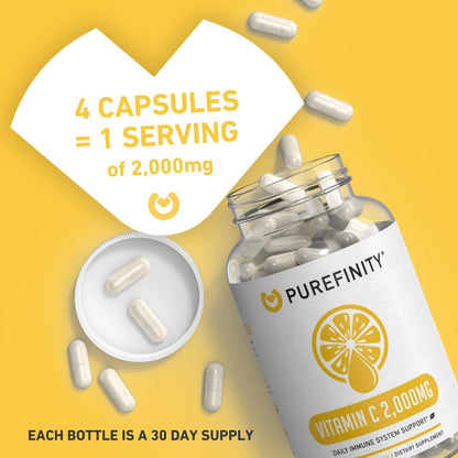 PUREFINITY Vitamin C 2000mg Kapseln – Doppelte Stärke, Hochdosiert, Antioxidans, 120 Kapseln (1 Monatsvorrat)