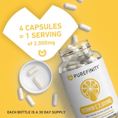 PUREFINITY Vitamin C 2000mg Kapseln – Doppelte Stärke, Hochdosiert, Antioxidans, 120 Kapseln (1 Monatsvorrat)