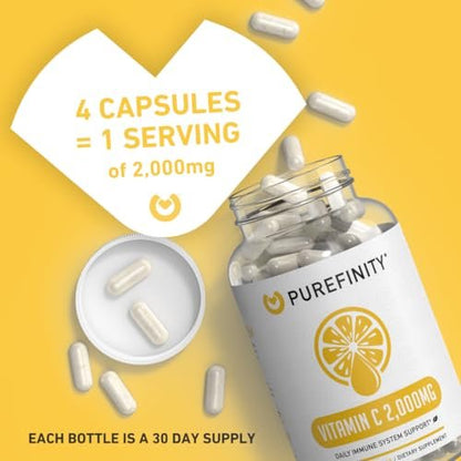 PUREFINITY Vitamin C 2000mg Kapseln – Doppelte Stärke, Hochdosiert, Antioxidans, 120 Kapseln (1 Monatsvorrat)