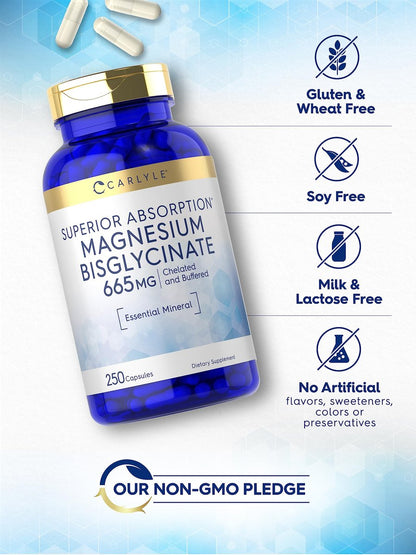 Carlyle Gepuffertes Magnesiumbisglycinat 665 mg | 250 Kapseln | Chelatiertes essentielles Mineral | Non-GMO und glutenfrei