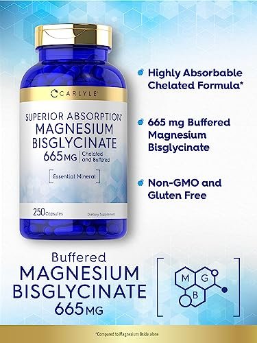 Carlyle Gepuffertes Magnesiumbisglycinat 665 mg | 250 Kapseln | Chelatiertes essentielles Mineral | Non-GMO und glutenfrei