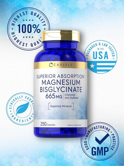 Carlyle Gepuffertes Magnesiumbisglycinat 665 mg | 250 Kapseln | Chelatiertes essentielles Mineral | Non-GMO und glutenfrei