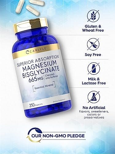 Carlyle Gepuffertes Magnesiumbisglycinat 665 mg | 250 Kapseln | Chelatiertes essentielles Mineral | Non-GMO und glutenfrei