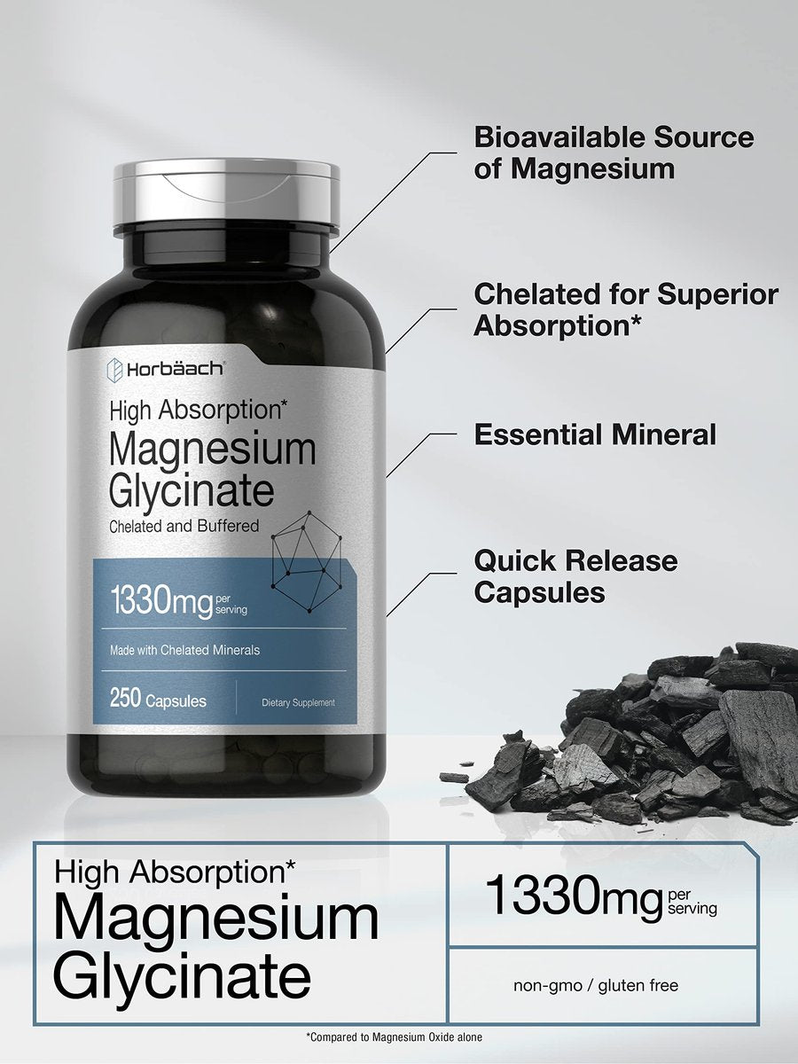 Horbaach Magnesium Glycinat 1330 mg | 250 Kapseln | Gepuffert mit chelatierten Mineralien | 240 mg pro Portion | Non-GMO, glutenfreies Nahrungsergänzungsmittel
