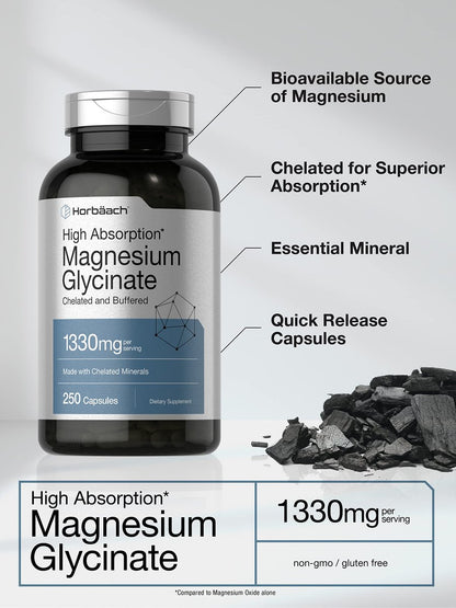 Horbaach Magnesium Glycinat 1330 mg | 250 Kapseln | Gepuffert mit chelatierten Mineralien | 240 mg pro Portion | Non-GMO, glutenfreies Nahrungsergänzungsmittel