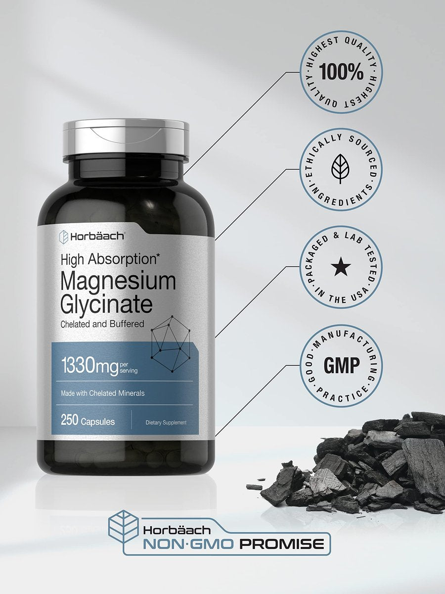Horbaach Magnesium Glycinat 1330 mg | 250 Kapseln | Gepuffert mit chelatierten Mineralien | 240 mg pro Portion | Non-GMO, glutenfreies Nahrungsergänzungsmittel