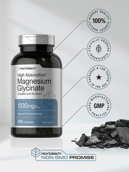 Horbaach Magnesium Glycinat 1330 mg | 250 Kapseln | Gepuffert mit chelatierten Mineralien | 240 mg pro Portion | Non-GMO, glutenfreies Nahrungsergänzungsmittel