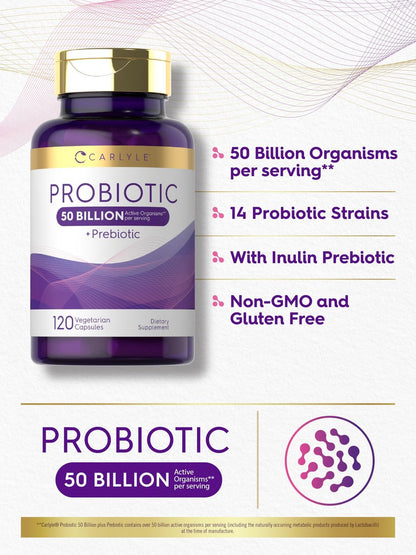 Carlyle Probiotika mit Präbiotika | 120 Kapseln | 50 Milliarden aktive Organismen | Non-GMO & Glutenfrei