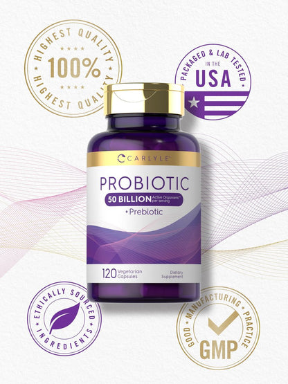 Carlyle Probiotika mit Präbiotika | 120 Kapseln | 50 Milliarden aktive Organismen | Non-GMO & Glutenfrei