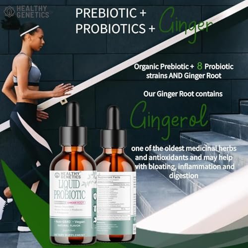 Healthy Genetics Flüssige Probiotika für Frauen, Männer & Kinder | Präbiotikum + Ingwer + Probiotika für die Verdauungsgesundheit | Acidophilus Probiotikum | Laktosefrei | Vegan | Non-GMO | Glutenfrei | 30 Portionen