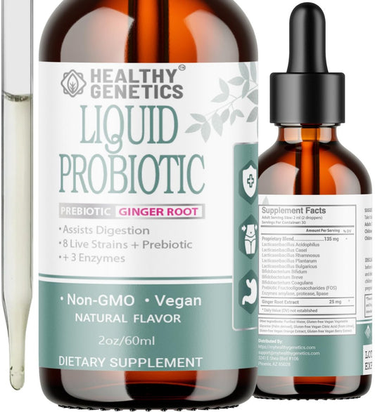 Healthy Genetics Flüssige Probiotika für Frauen, Männer & Kinder | Präbiotikum + Ingwer + Probiotika für die Verdauungsgesundheit | Acidophilus Probiotikum | Laktosefrei | Vegan | Non-GMO | Glutenfrei | 30 Portionen