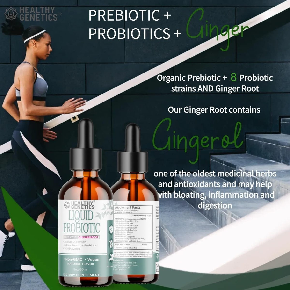 Healthy Genetics Flüssige Probiotika für Frauen, Männer & Kinder | Präbiotikum + Ingwer + Probiotika für die Verdauungsgesundheit | Acidophilus Probiotikum | Laktosefrei | Vegan | Non-GMO | Glutenfrei | 30 Portionen