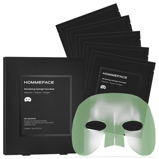 HommeFace Männer Revitalisierende Hydrogel-Gesichtsmasken Set (5er-Pack) – Feuchtigkeitsspendend, Bartfreundlich, Anti-Aging, Beruhigende Gesichtsmasken – Koreanische Hautpflegetechnologie mit Hyaluronsäure, Vitaminen & Peptiden