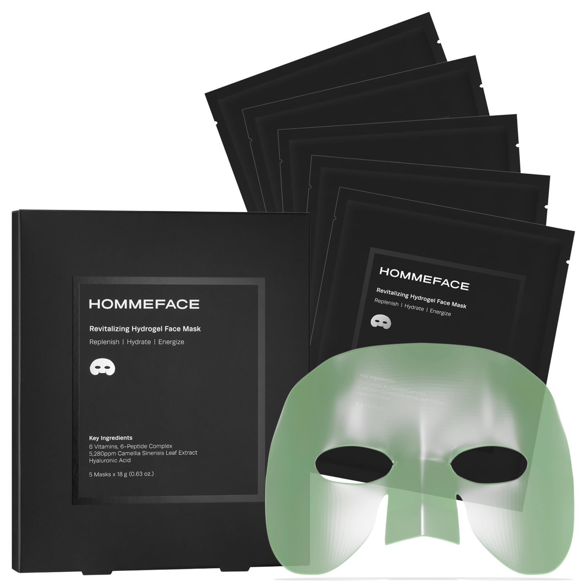 HommeFace Männer Revitalisierende Hydrogel-Gesichtsmasken Set (5er-Pack) – Feuchtigkeitsspendend, Bartfreundlich, Anti-Aging, Beruhigende Gesichtsmasken – Koreanische Hautpflegetechnologie mit Hyaluronsäure, Vitaminen & Peptiden