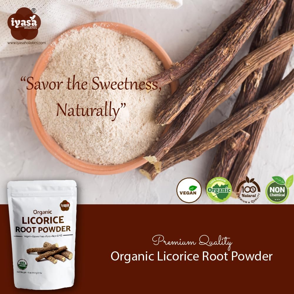 Iyasa Holistics Bio Süßholzwurzelpulver 113 g - USDA Bio Glycyrrhiza Glabra & Mulethi - Verdauungs- & Nebennierenunterstützung, natürlicher Süßstoff - Reine Ayurveda-Produkte