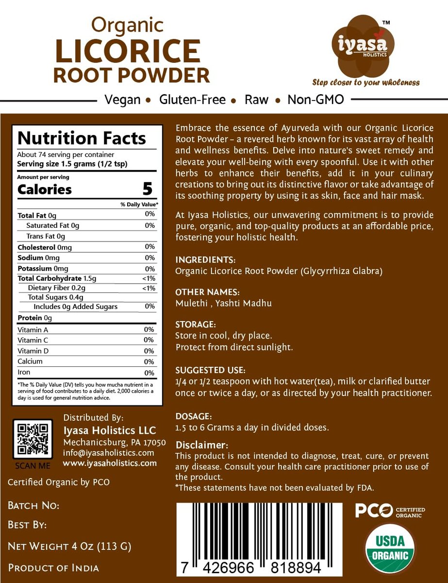 Iyasa Holistics Bio Süßholzwurzelpulver 113 g - USDA Bio Glycyrrhiza Glabra & Mulethi - Verdauungs- & Nebennierenunterstützung, natürlicher Süßstoff - Reine Ayurveda-Produkte
