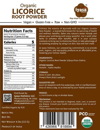 Iyasa Holistics Bio Süßholzwurzelpulver 113 g - USDA Bio Glycyrrhiza Glabra & Mulethi - Verdauungs- & Nebennierenunterstützung, natürlicher Süßstoff - Reine Ayurveda-Produkte