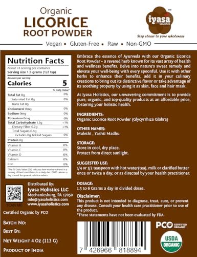 Iyasa Holistics Bio Süßholzwurzelpulver 113 g - USDA Bio Glycyrrhiza Glabra & Mulethi - Verdauungs- & Nebennierenunterstützung, natürlicher Süßstoff - Reine Ayurveda-Produkte