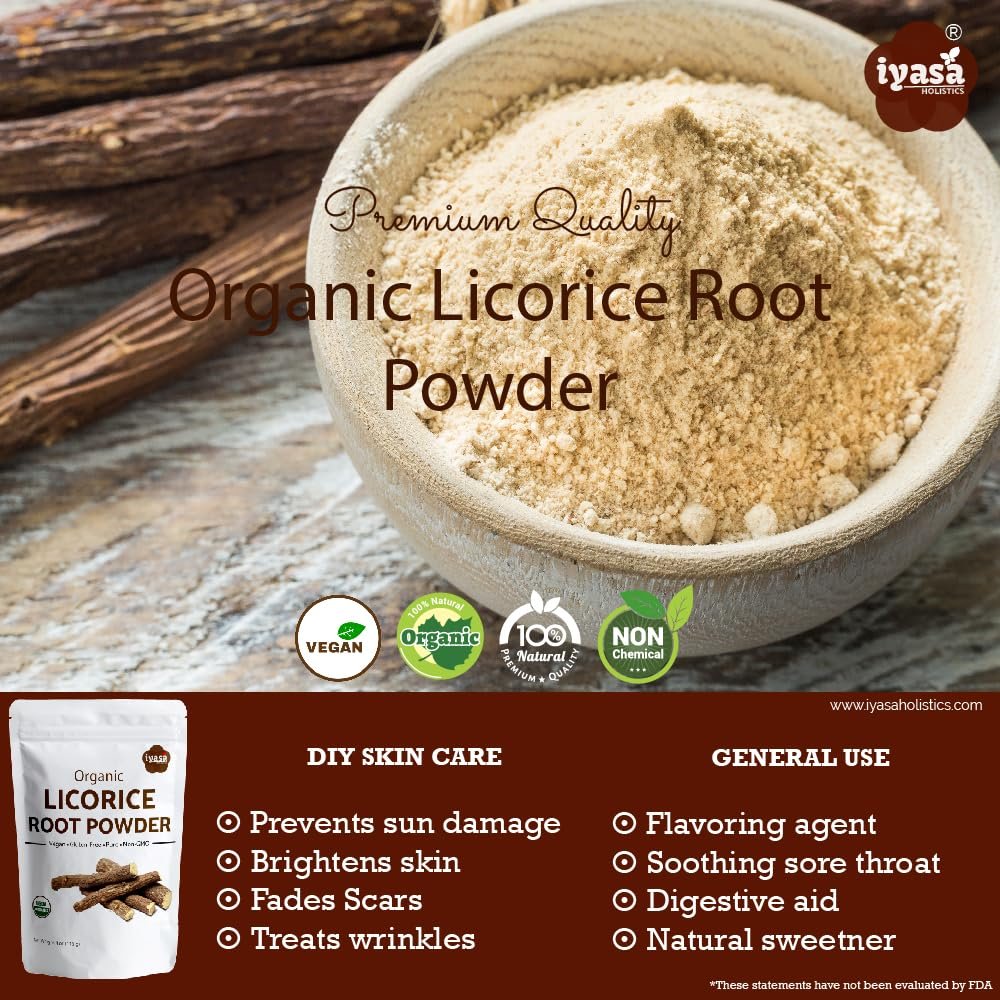 Iyasa Holistics Bio Süßholzwurzelpulver 113 g - USDA Bio Glycyrrhiza Glabra & Mulethi - Verdauungs- & Nebennierenunterstützung, natürlicher Süßstoff - Reine Ayurveda-Produkte